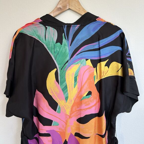 Soma Satin Black Midi Robe XS Paradise Palms Multicolor Short Sleeve Kimono - Picture 14 of 16